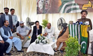 Sindh Energy and Planning Minister Syed Nasir Hussain Shah addresses a ceremony to mark Youm-e-Istehsal on the sixth anniversary of India’s illegal and unilateral actions of August 5, 2019, in Indian Illegally Occupied Jammu and Kashmir (IIOJK), at Mazar-e-Quaid.