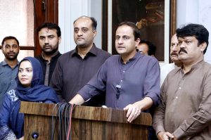 Mayor Karachi Barrister Murtaza Wahab addressing a press conference in the committee room of the Karachi Metropolitan Corporation (KMC) Head Office.