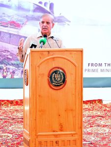 Prime Minister Muhammad Shehbaz Sharif addresses a cheque distribution ceremony for flood affectees in Gilgit Balitistan.
