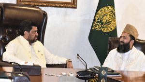Central Chairman Ruet-e-Hilal Committee Maulana Abdul Khabir Azad is meeting with Governor Sindh Kamran Khan Tessori at the Governor House.