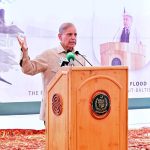 Prime Minister Muhammad Shehbaz Sharif addresses a cheque distribution ceremony for flood affectees in Gilgit Baltistan.