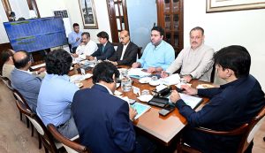 Sindh Chief Minister Syed Murad Ali Shah presides over a meeting to review flood preparedness across the province at CM House