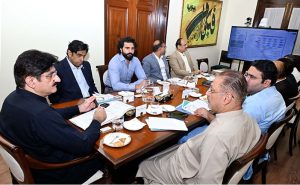 Sindh Chief Minister Syed Murad Ali Shah presides over a meeting to review flood preparedness across the province at CM House