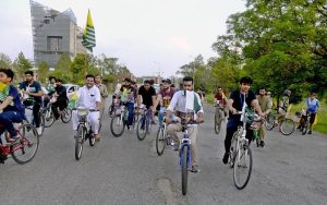 Participants take part in the 'Pedal for Peace' cycle rally from Baradari, F-9 Park to Blue Area, organized by Youth Forum for Kashmir and Islamabad Cycling Association to raise awareness about the Kashmir conflict on Youm-e-Istehsal.
