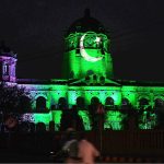 The GPO Building decorated with lights in the colors of Pakistan's national flag to commemorate the country's 78th Independence Day, 'Maarka e Haq'