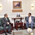 H.E. Mr. Khazar Fahadov, Ambassador of Azerbaijan, calls on Federal Minister for Defence Production, Muhammad Raza Hayat Harraj in Rawalpindi