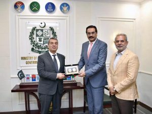 H.E. Mr. Khazar Fahadov, Ambassador of Azerbaijan, calls on Federal Minister for Defence Production, Muhammad Raza Hayat Harraj in Rawalpindi