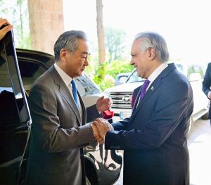 Member of the CPC Politburo and Foreign Minister of China, Wang Yi, arriving at the Ministry of Foreign Affairs, where he was received by Deputy Prime Minister and Foreign Minister, Senator Mohammad Ishaq Dar, in the federal capital