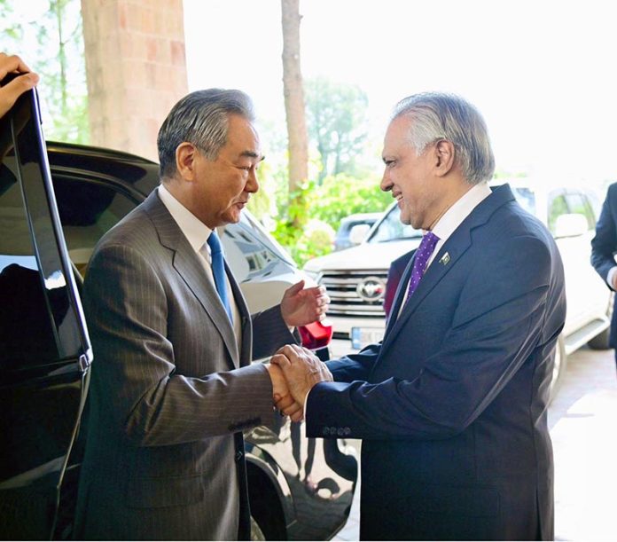 Member of the CPC Politburo and Foreign Minister of China, Wang Yi, arriving at the Ministry of Foreign Affairs, where he was received by Deputy Prime Minister and Foreign Minister, Senator Mohammad Ishaq Dar, in the federal capital