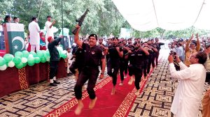 Bahawalpur police presenting march past in a ceremony in connection with the celebration of Independence Day of Pakistan and Maarka e Haq