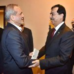 Chairman Senate, Syed Yousuf Raza Gillani shaking hand with H.E. Dr. Masoud Pezeshkian, President of the Islamic Republic of Iran