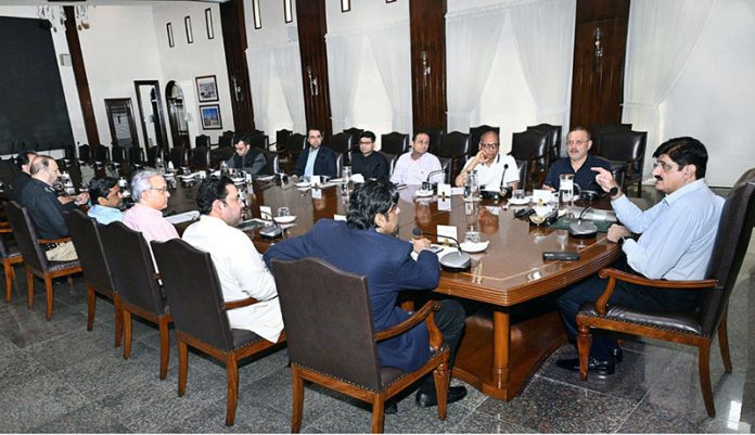 Sindh Chief Minister Syed Murad Ali Shah presides over a follow-up meeting at CM House to review dewatering operations and monitor rescue and rehabilitation efforts after the heavy rains in the city