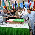 Governor Sindh, Kamran Khan Tessori with foreign counsel generals cutting cake at a ceremony to mark Marka-e-Haq, Independence Day Celebrations" (Shuhda Day) at Governor House