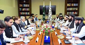 Deputy Prime Minister and Foreign Minister Senator Mohammad Ishaq Dar in a bilateral meeting with the Acting Foreign Minister of Afghanistan, Mawlawi Amir Khan Muttaqi, on the sidelines of the 6th Trilateral Meeting of the Foreign Ministers of Pakistan, China, and Afghanistan