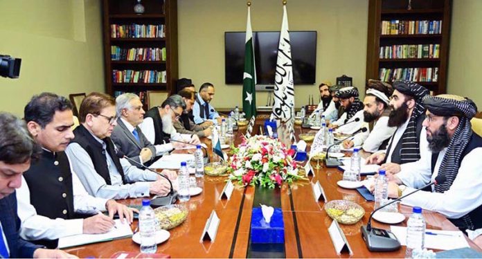 Deputy Prime Minister and Foreign Minister Senator Mohammad Ishaq Dar in a bilateral meeting with the Acting Foreign Minister of Afghanistan, Mawlawi Amir Khan Muttaqi, on the sidelines of the 6th Trilateral Meeting of the Foreign Ministers of Pakistan, China, and Afghanistan