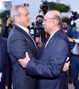 President Asif Ali Zardari receiving Iranian President Dr Masoud Pezeshkian at Awan-e- Sadr