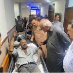 Special Assistant to Sindh CM, Senator Waqar Mehdi, inquiring about the health of injured persons during his visit to the Trauma Centre after the firecracker warehouse explosion at M.A. Jinnah Road