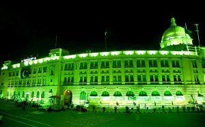Decorated view of the KPT Building with colourful lights signifies its participation in national celebration and fosters a sense of shared pride and unity with the theme of “Maarka-e-Haq” (Struggle for Right) profoundly resonant for Pakistan’s Independence Day