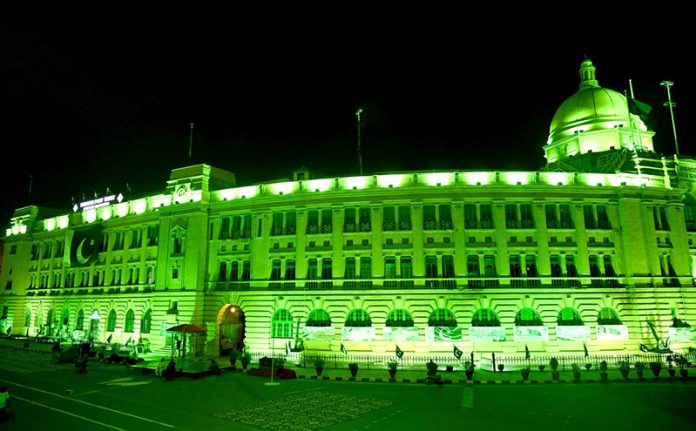 Decorated view of the KPT Building with colourful lights signifies its participation in national celebration and fosters a sense of shared pride and unity with the theme of “Maarka-e-Haq” (Struggle for Right) profoundly resonant for Pakistan’s Independence Day