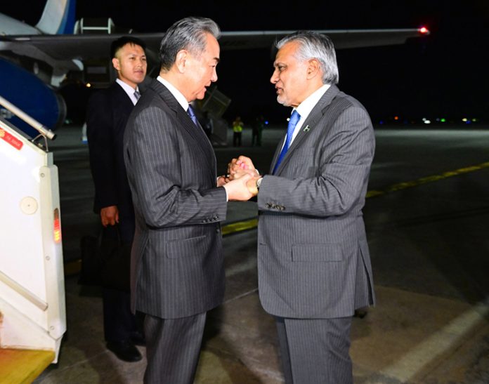 Deputy Prime Minister and Foreign Minister, Senator Mohammad Ishaq Dar, received member of the CPC Politburo and Minister for Foreign Affairs of China, Wang Yi , at Nur Khan Airbase