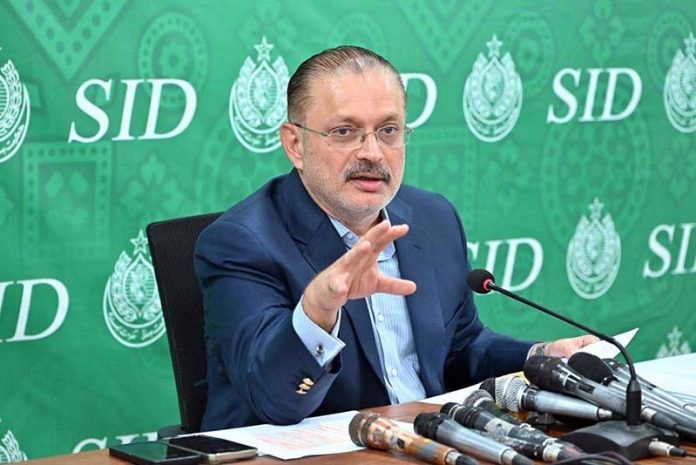 Sindh Senior Minister, Sharjeel Memon, addressing a press conference at the Sindh Information Department