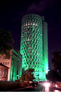 Decorated view of the KPT Building with colourful lights signifies its participation in national celebration and fosters a sense of shared pride and unity with the theme of “Maarka-e-Haq” (Struggle for Right) profoundly resonant for Pakistan’s Independence Day