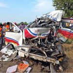 Rescue teams shift victims to safety after a deadly collision between a Rescue 1122 ambulance and a passenger coach on Courts Samaba Road in Rahim Yar Khan, which left two people dead and six others, including four Rescue 1122 personnel, injured