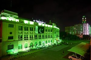 Decorated view of the KPT Building with colourful lights signifies its participation in national celebration and fosters a sense of shared pride and unity with the theme of “Maarka-e-Haq” (Struggle for Right) profoundly resonant for Pakistan’s Independence Day