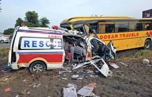 Rescue teams shift victims to safety after a deadly collision between a Rescue 1122 ambulance and a passenger coach on Courts Samaba Road in Rahim Yar Khan, which left two people dead and six others, including four Rescue 1122 personnel, injured