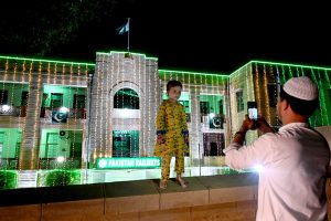 Decorated view of the KPT Building with colourful lights signifies its participation in national celebration and fosters a sense of shared pride and unity with the theme of “Maarka-e-Haq” (Struggle for Right) profoundly resonant for Pakistan’s Independence Day