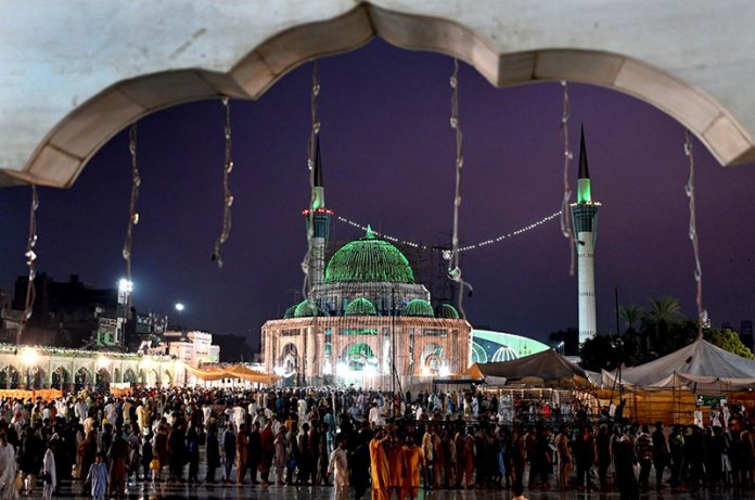 A well decorated view of Data Darbar with colorful lights in connection with 982 Urs of Data Ali Hajveri(RA) as a large number of people arrives to attend the three day Urs celebrations of renowned Sufi Data Gunj Buksh