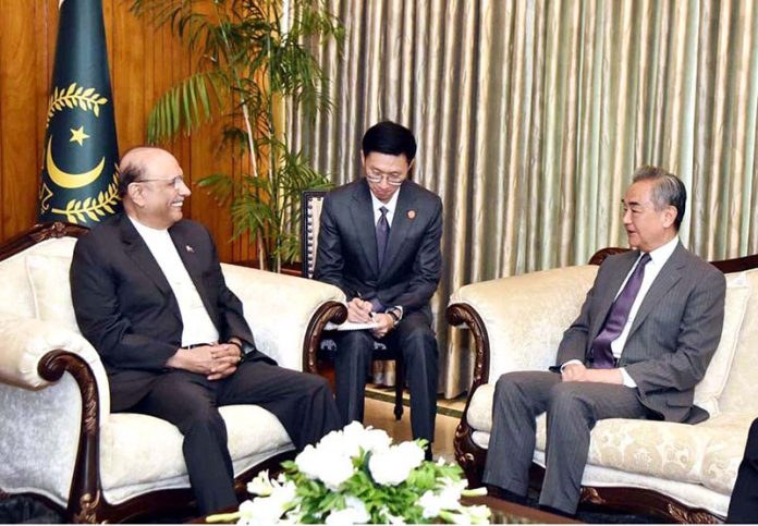 President Asif Ali Zardari in a meeting with Mr. Wang Yi, Member of the Political Bureau of the CPC Central Committee & Minister for Foreign Affairs of China, at Aiwan-e-Sadr