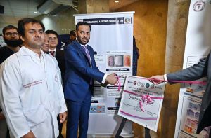 Chief Guest Federal Minister for National Health Services, Regulation and Coordination Syed Mustafa Kamal addressing during soft launch ceremony of “From Trauma to recovery elevating Burn Treatment Standards, Stem Cells/Skin Bank” at PIMS.