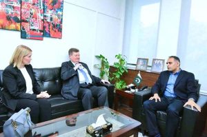 Minister of State for Railways & Finance Bilal Azhar Kayani meeting with the Finnish delegation comprising H.E. Hannu Ripatti, Ambassador of Finland to Pakistan, Ms. Piia Karhu, President Minerals at Metso and Willie Eerola, Honorary Consul General of Pakistan in Finland.