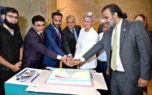 Chief Guest Federal Minister for National Health Services, Regulation and Coordination Syed Mustafa Kamal addressing during soft launch ceremony of “From Trauma to recovery elevating Burn Treatment Standards, Stem Cells/Skin Bank” at PIMS.