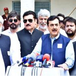 Chairman Senate Syed Yusuf Raza Gilani and Governor KP Faisal Karim Kundi, along with other dignitaries, talking to the media during the 100th annual Eid Milad-un-Nabi procession organized by Anjuman Islamia