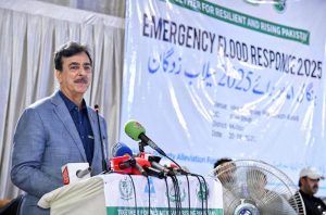 Acting President Syed Yousuf Raza Gilani addressing a gathering as Chief Guest at the distribution ceremony of essential relief packages to 300 flood-affected households, organized by the Farmers Development Organization (FDO) in collaboration with the Pakistan Poverty Alleviation Fund (PPAF) at Union Council Sher Shah
