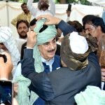 Before leading the 100th annual procession of Eid Milad-un-Nabi organized by Anjuman Islamia on 12th Rabi-ul-Awwal, Chairman Senate Syed Yusuf Raza Gilani are seen in the turban-tying ceremony honored by Sajjada-Nashin of Hazrat Musa Pak Shaheed's shrine, Syed Abu-ul-Hassan Gilani
