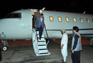 Acting President and Chairman Senate, Syed Yusuf Raza Gilani, arriving at Multan International Airport for a two-day visit to flood-affected areas.