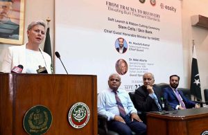 Chief Guest Federal Minister for National Health Services, Regulation and Coordination Syed Mustafa Kamal addressing during soft launch ceremony of “From Trauma to recovery elevating Burn Treatment Standards, Stem Cells/Skin Bank” at PIMS.
