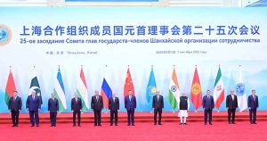 Prime Minister Muhammad Shehbaz Sharif in a family photo at the 25th SCO Heads of States Council Meeting.