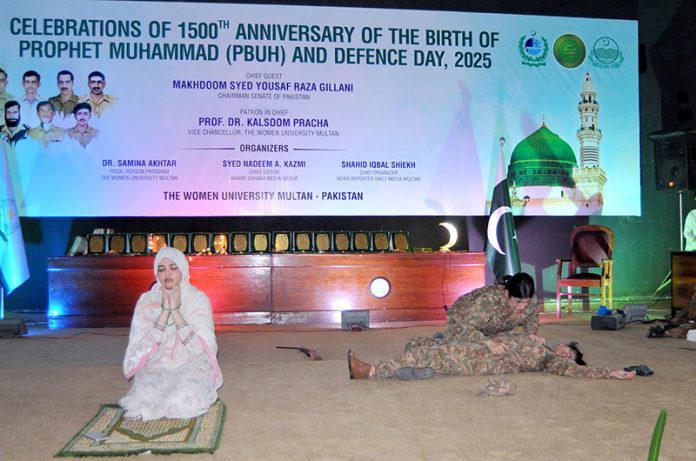 Students perform stage tableaus and offer glowing tributes to the martyrs as part of celebrations of the 15th anniversary of the birth of Prophet Muhammad (PBUH) and Defence Day 2025 at Jinnah Hall, organized by Women University