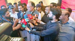Conversing with the local media about the ongoing relief and rescue efforts in the area and the government efforts to deal with the aftermath of the floods that have ravaged different parts of the country.