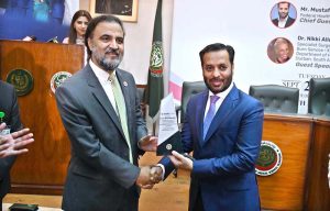 Chief Guest Federal Minister for National Health Services, Regulation and Coordination Syed Mustafa Kamal addressing during soft launch ceremony of “From Trauma to recovery elevating Burn Treatment Standards, Stem Cells/Skin Bank” at PIMS.