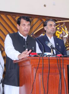 Federal Minister for Kashmir Affairs, Gilgit Baltistan and SAFRON Engr Amir Muqam and Special Assistant to Prime Minister Talha Burki distributing relief cheques among the victims of the recent torrential rains and floods
