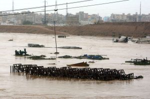 The water level in Korangi Nadi rises due to continuous rains that have lashed Karachi.