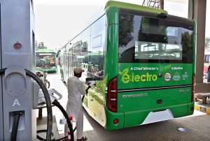 An Electro Green Bus being charged at the charging station at General Bus Stand.