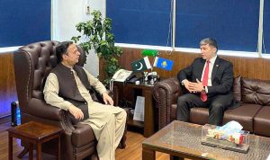 Federal Minister for Maritime Affairs, Muhammad Junaid Anwar Chaudhry talking to Kazakh Ambassador Yerzhan Kistafin who called on him.