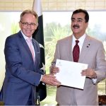 Chairman Senate, Syed Yousaf Raza Gilani, presents a formal invitation to Australian High Commissioner, Mr. Neil Hawkins, for the participation of Australian Parliamentary Speakers in the upcoming Inter-Parliamentary Speakers’ Conference (ISC) in federal capital