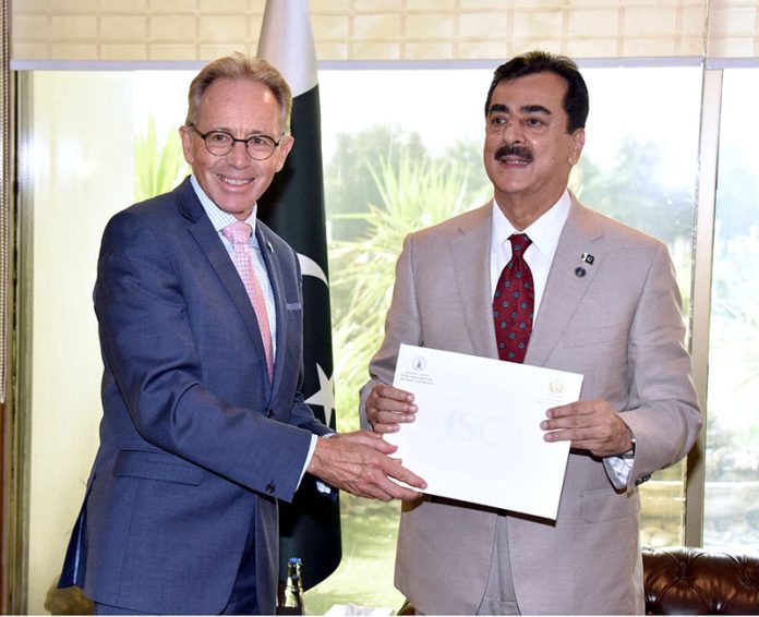 Chairman Senate, Syed Yousaf Raza Gilani, presents a formal invitation to Australian High Commissioner, Mr. Neil Hawkins, for the participation of Australian Parliamentary Speakers in the upcoming Inter-Parliamentary Speakers’ Conference (ISC) in federal capital